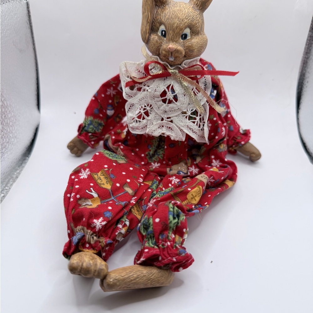 Christmas Bunny Shelve Sitter Ceramic Figurine with Lace Bow Cottage Core Decor